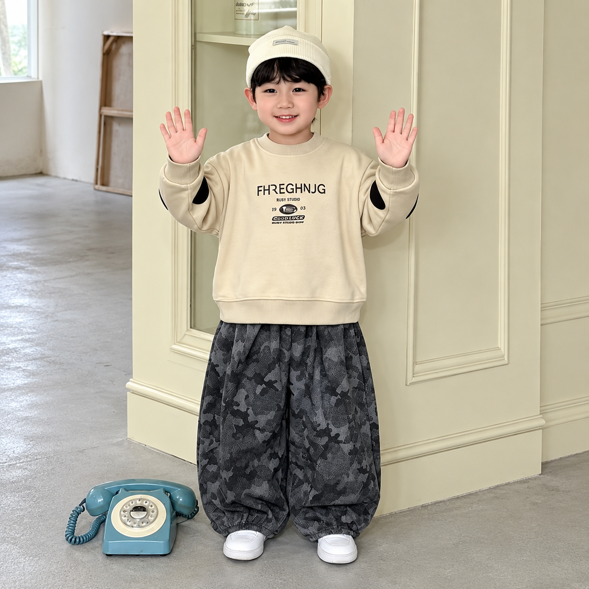 韓系米杏迷彩燈籠褲套裝