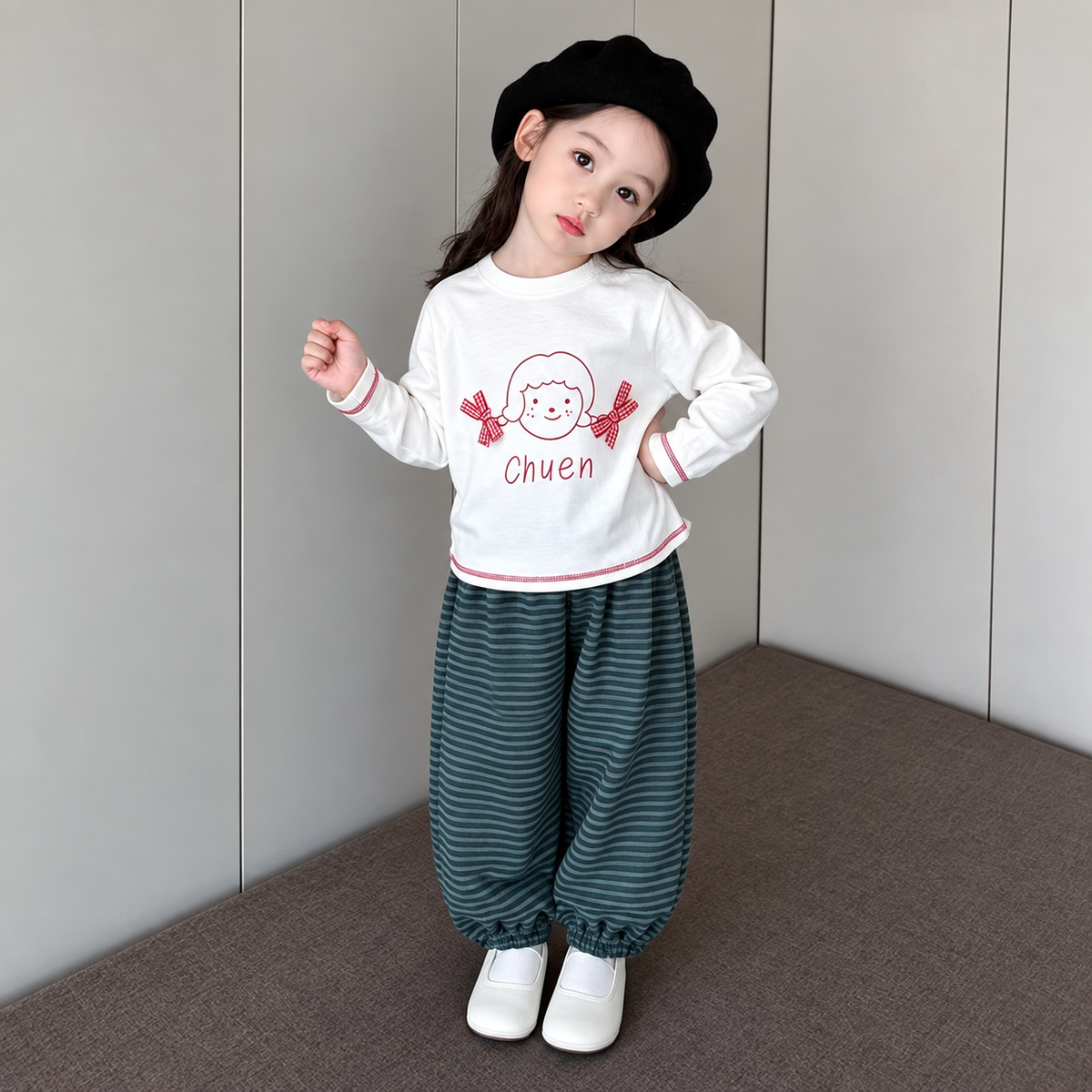 韓系紅線女孩條紋套裝