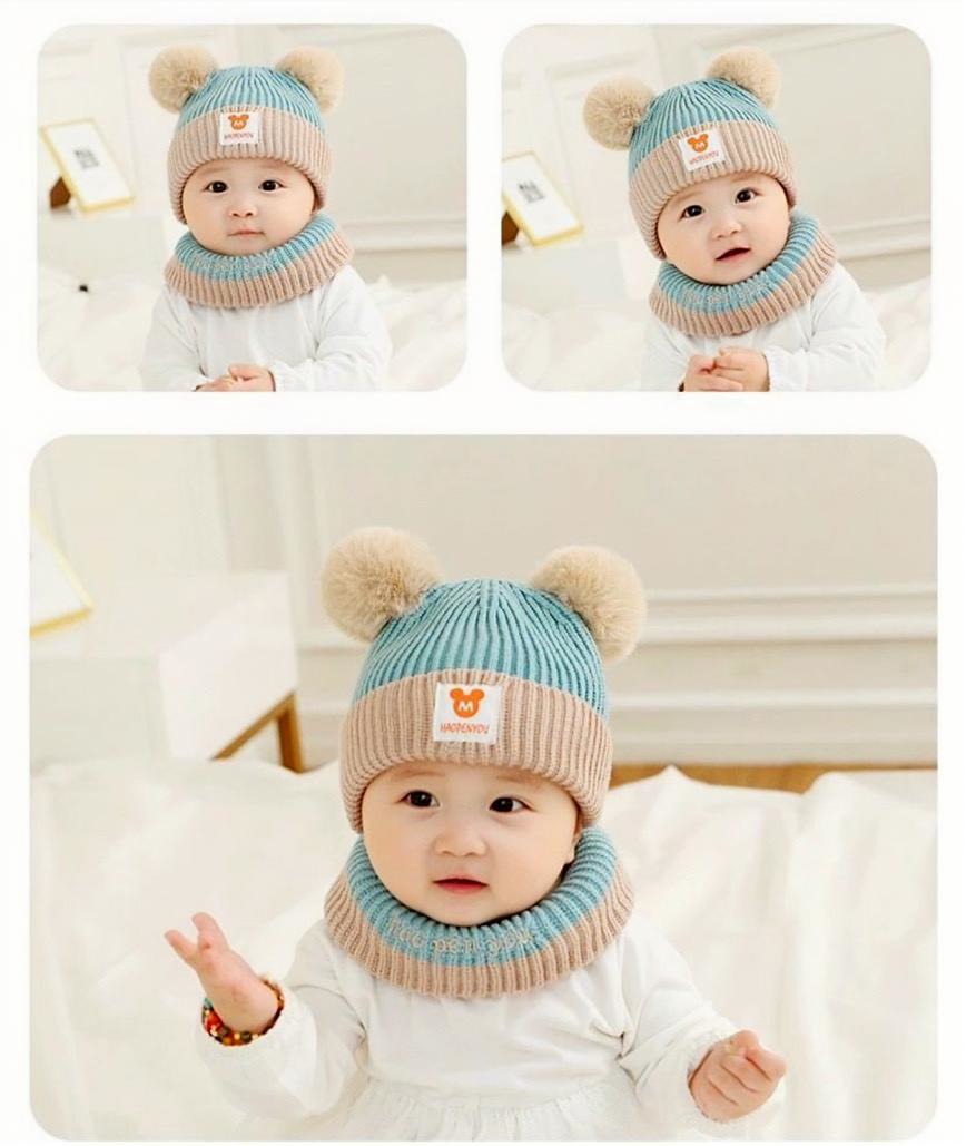 寶寶雙球針織帽＋保暖圍脖組